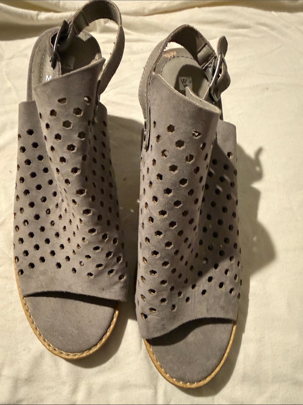 White Mountain Gray Perforated Suede Slingback Block Heel Mules